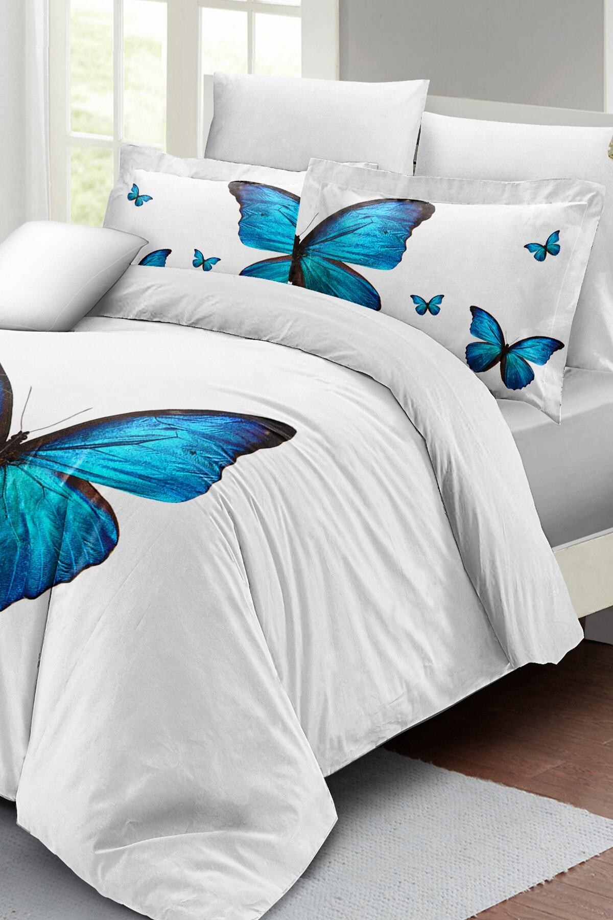 Kıng Sıze Blue Butterfly Çift Kişilik Nevresim Takımı 3d Pamuk Saten 220x240cm