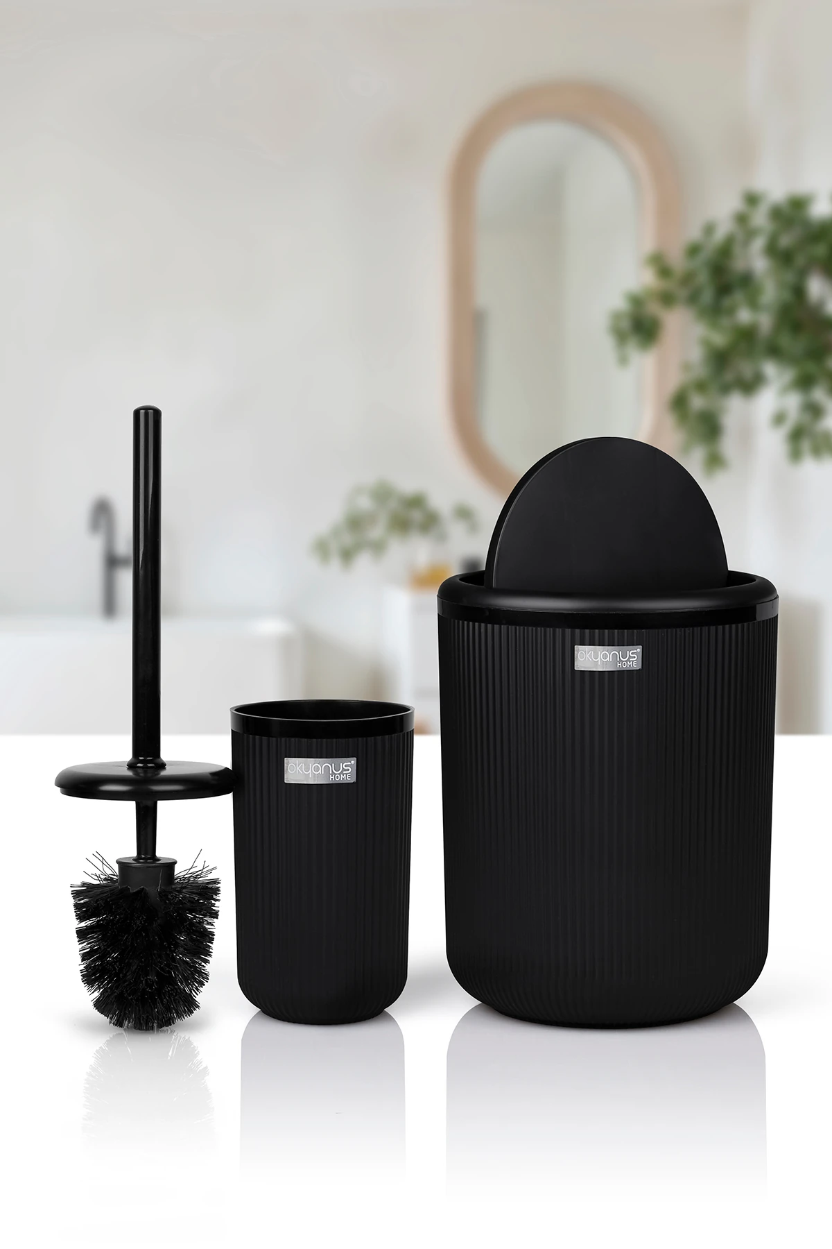 Linea Siyah Çizgili Yuvarlak 2'li Wc Kova Ve Fırça Seti