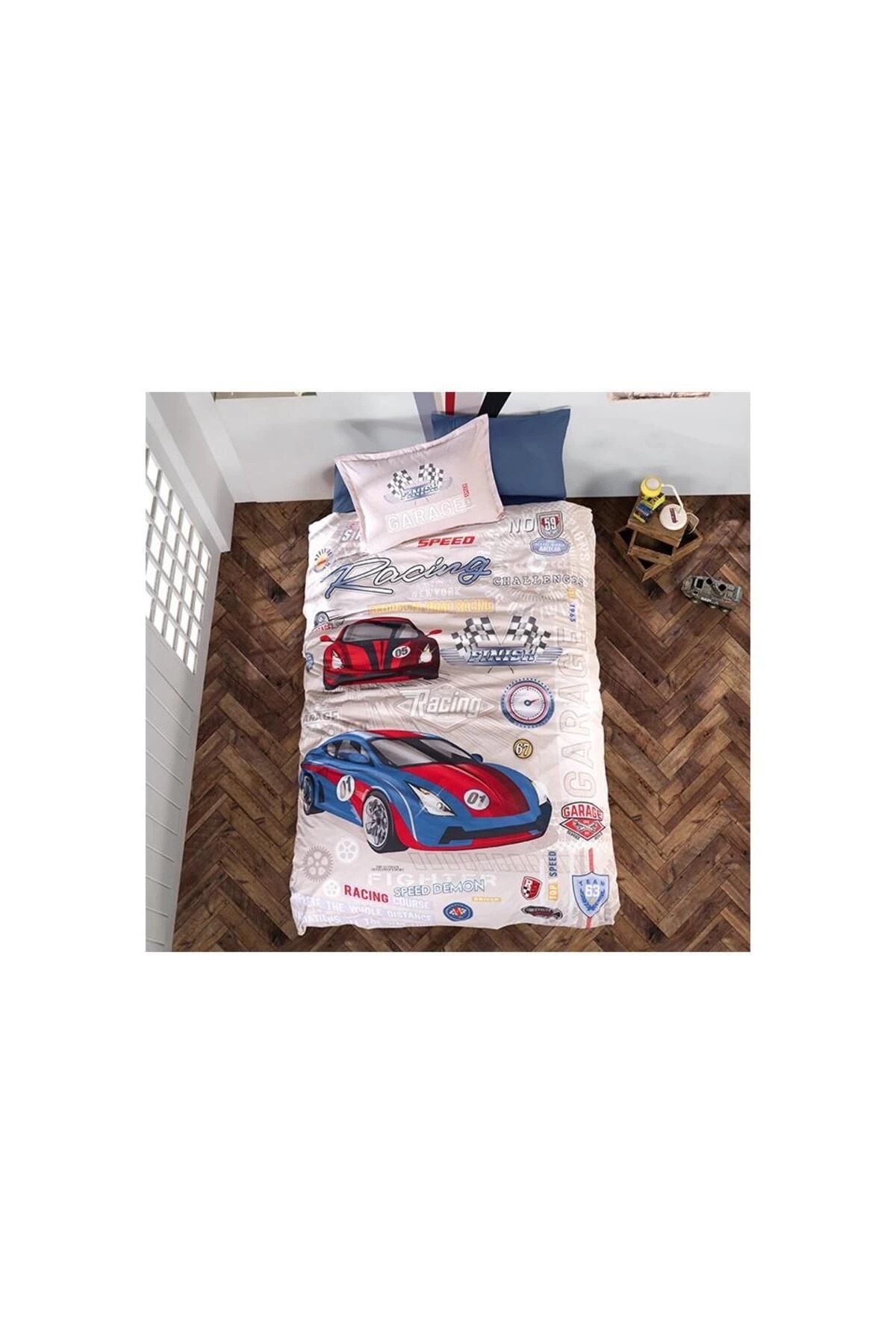 Ranforce %100 Pamuk Tek Kişilik Nevresim Takımı Garage V1 Bej