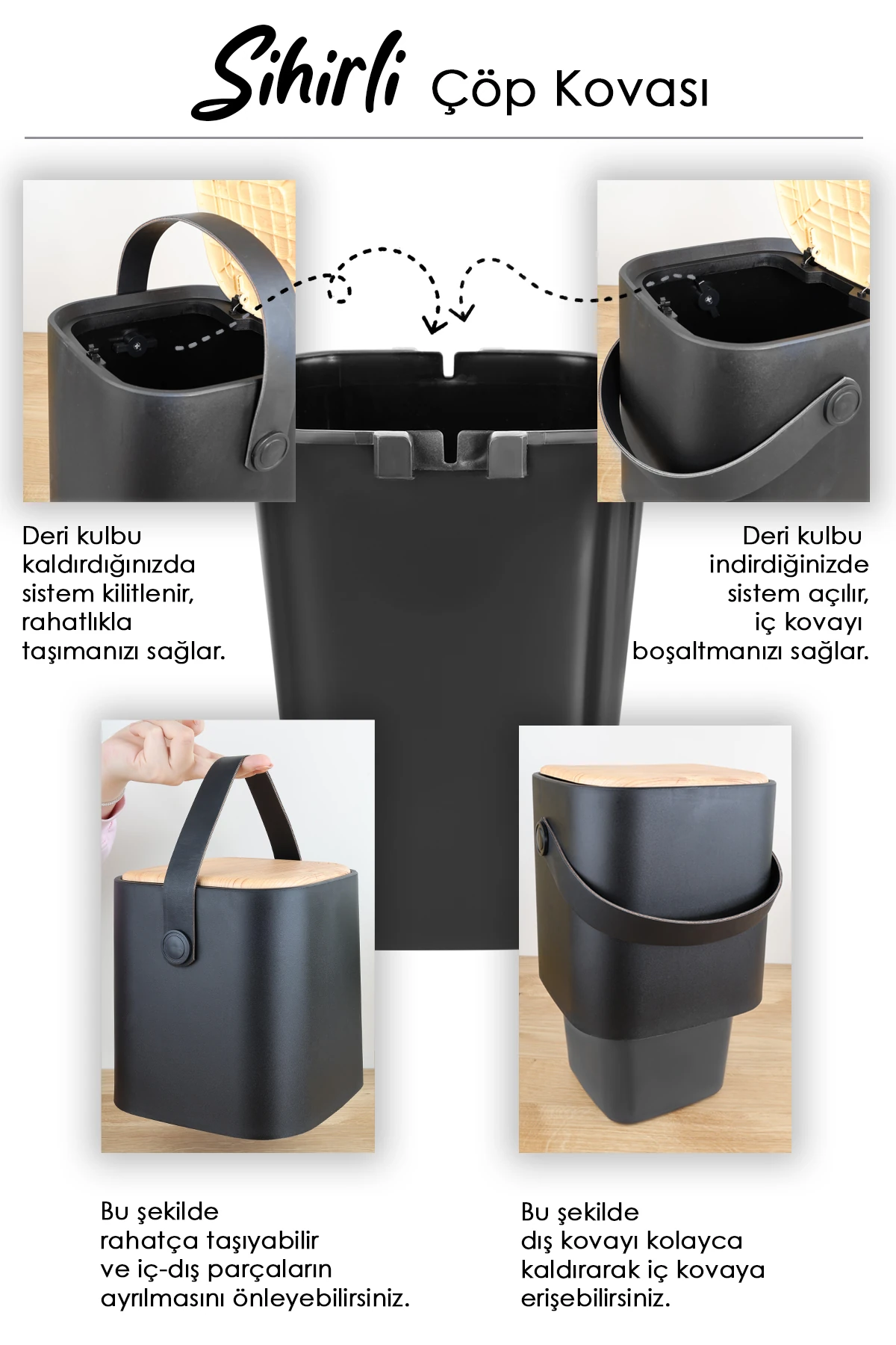 4Lt Ahşap Görünümlü Çöp Kovası - Akıllı Kapak Tutma Saplı Kovalı Tezgah Üstü Mutfak Çöp Kovası Siyah