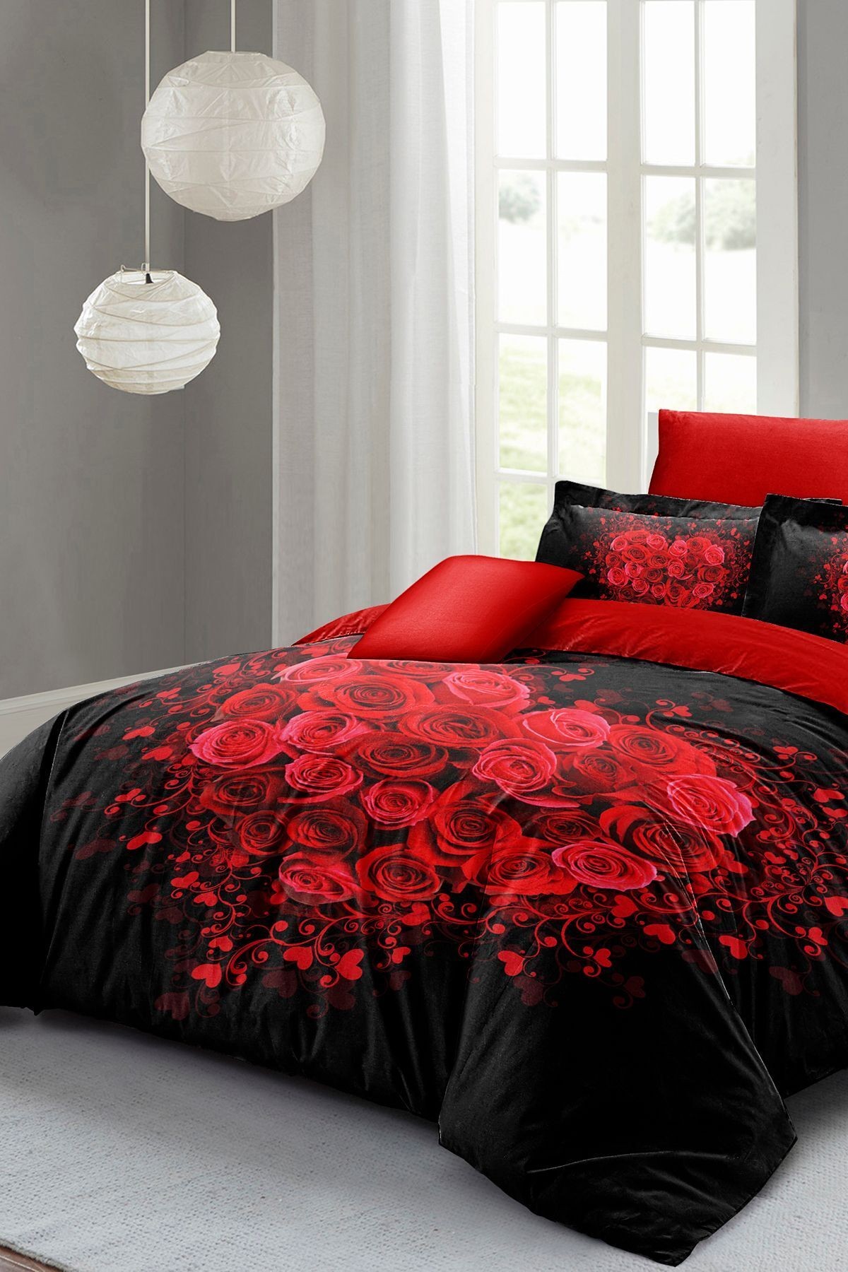 Çeyizlik Kalpli 3d Nevresim Takımı | %100 Pamuk Saten Rose Black Çift Kişilik