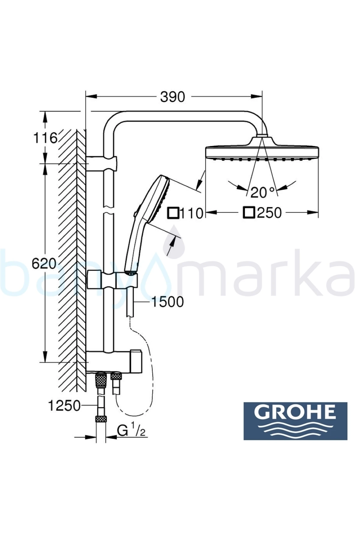 Tempesta System 250 Cube Kare Duş Başlıklı Duvara Monte Duş Sistemi, Mat Siyah - 269772431