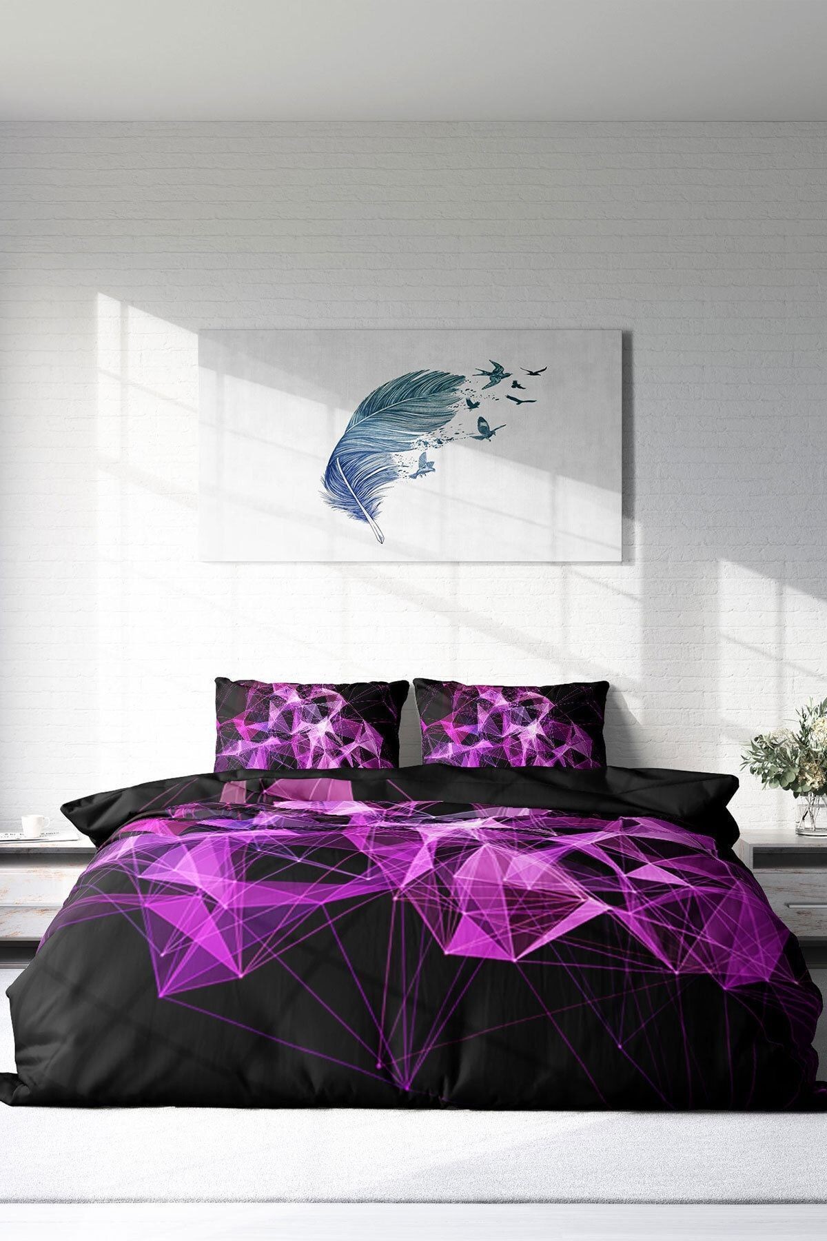 Nevresim Takımı %100 Doğal Pamuk Çift Kişilik 3d Digital Purple Diamonds