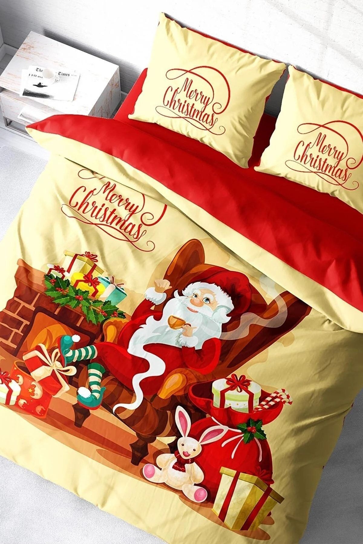 Yılbaşı Süsü Noel Baba Noel %100 Pamuk Saten 3d Çift Kişilik Nevresim Takımı
