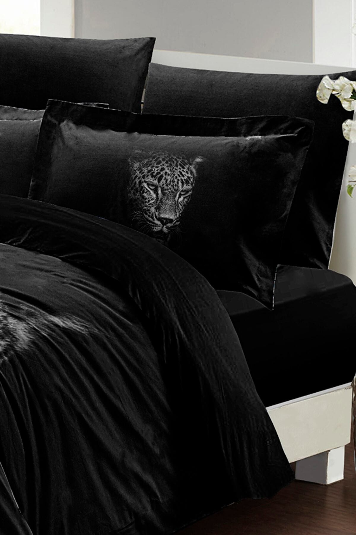 Kıng Sıze Black Leopar Çift Kişilik Nevresim Takımı %100 Pamuk Saten 3d Özel Tasarım 220x240cm