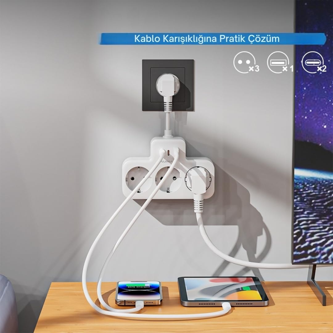Beyaz Akıllı Priz Termal Korumalı 3 Prizli Çoklu Akım Prizi | 2 Usb-A + 1 USB - Korumalı Priz