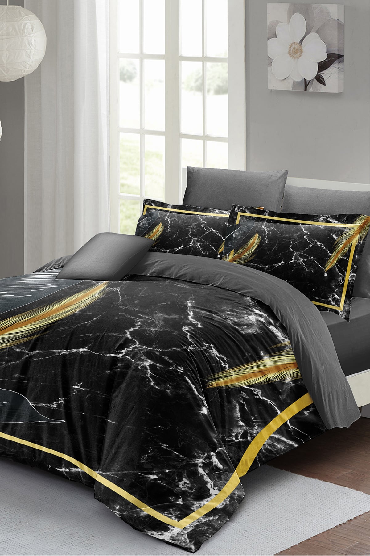 Lastikli Çarşaflı %100 Pamuk Saten Çift Kişilik Nevresim Takımı Dark Marble
