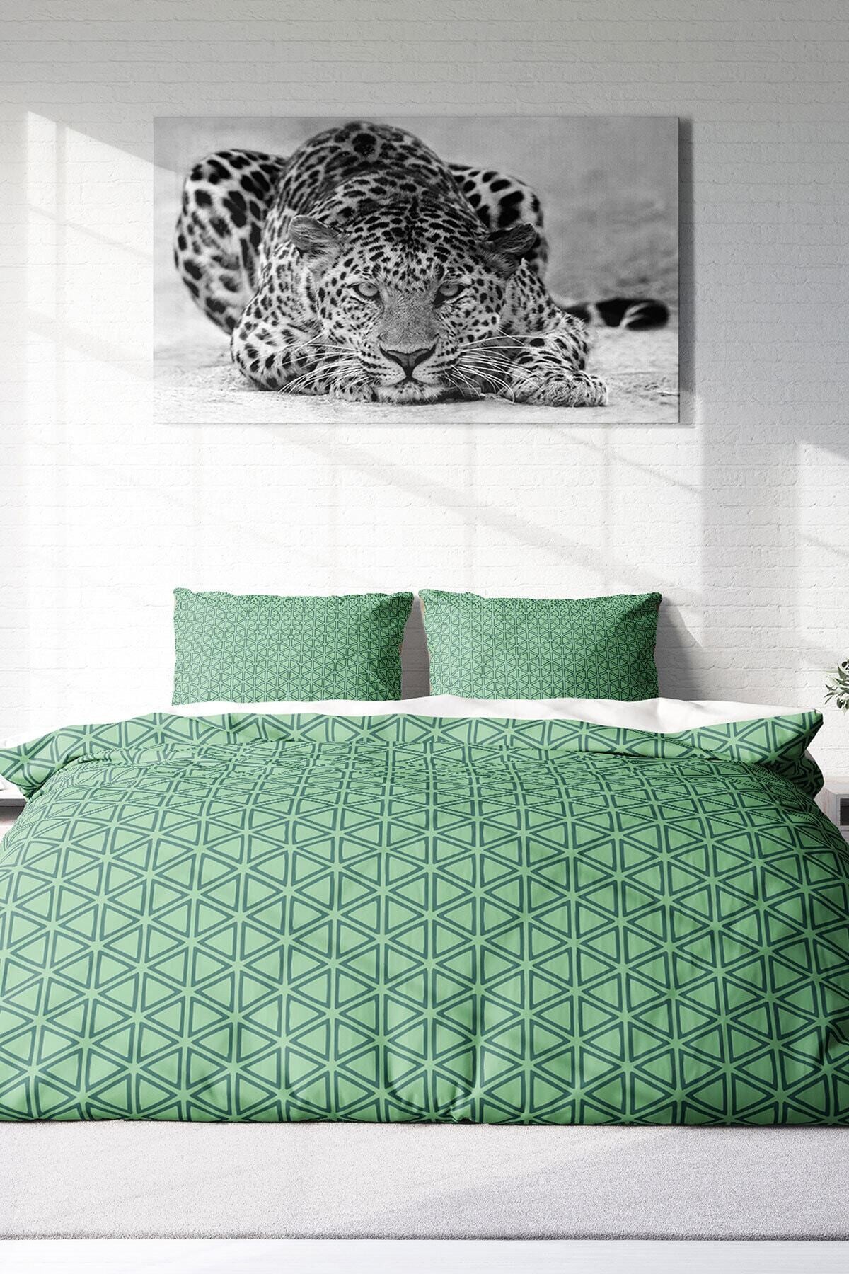 Kıng Sıze Çift Kişilik Green Pattern 3d Pamuk Saten Nevresim Takımı 220x240cm