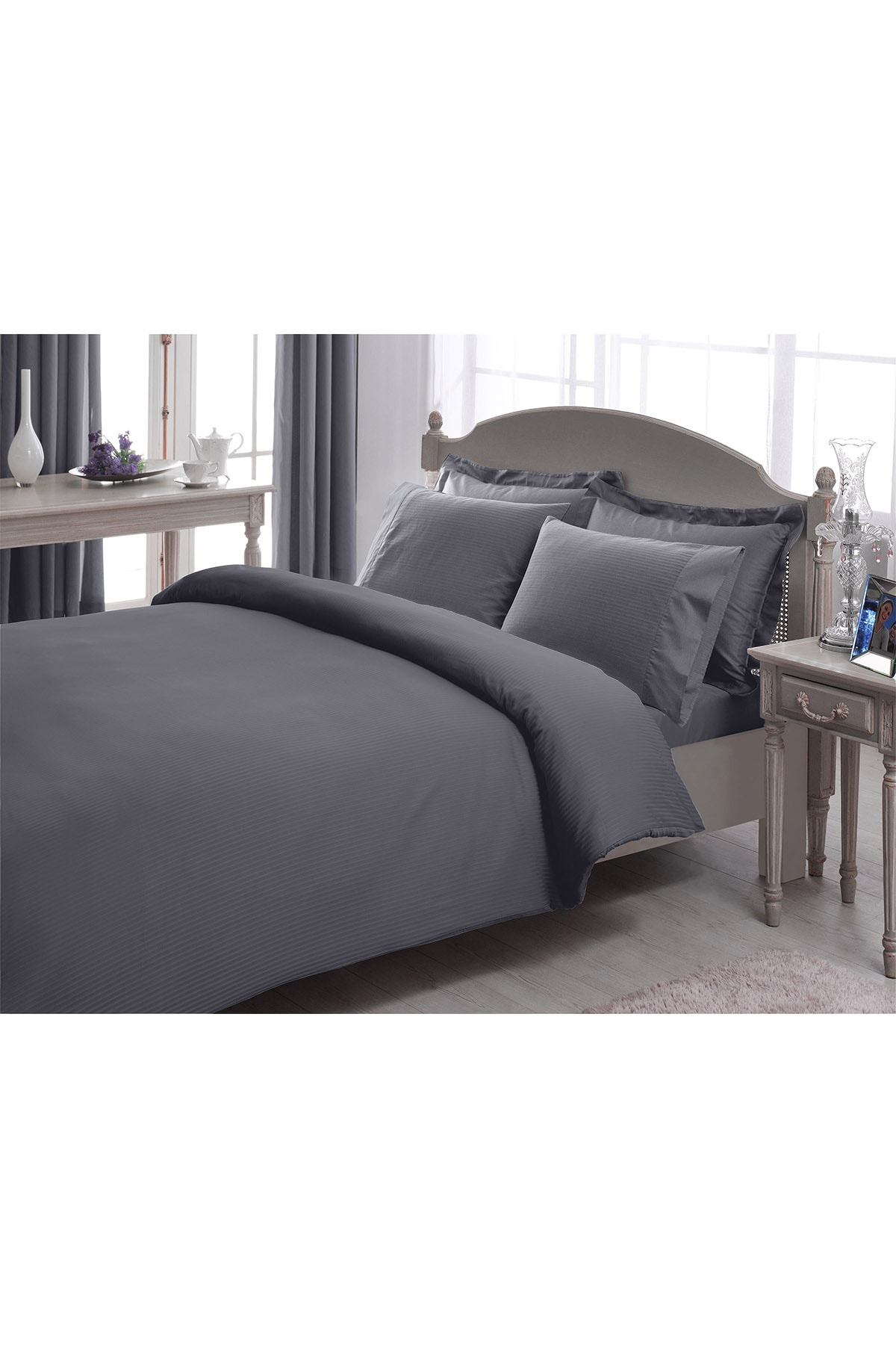 Premium Basic Stripe Antrasit King Size Nevresim Takımı