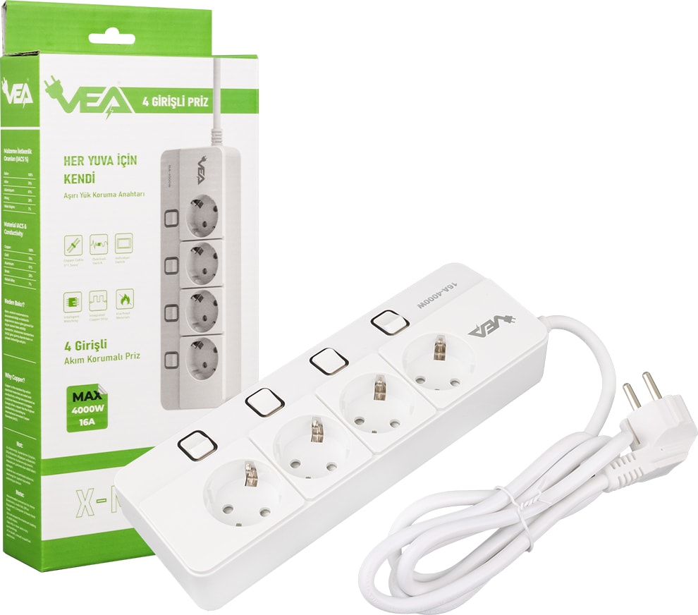 Vea VE-XMAN104 A Class 4'lü Anahtarlı 1.5 Metre Grup Priz Akım Korumalı Priz 2 USB 4000 Watt 16 Amper Isıya Dayanıklı