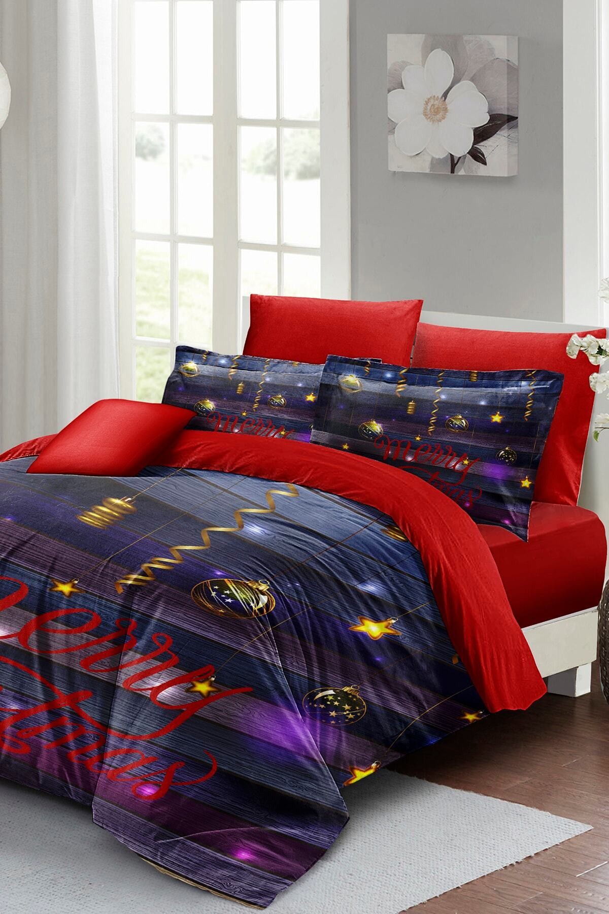 Kıng Sıze Yılbaşı Nevresim Takım %100 Doğal Pamuk Noel Çift Kişilik Dark 220x240cm
