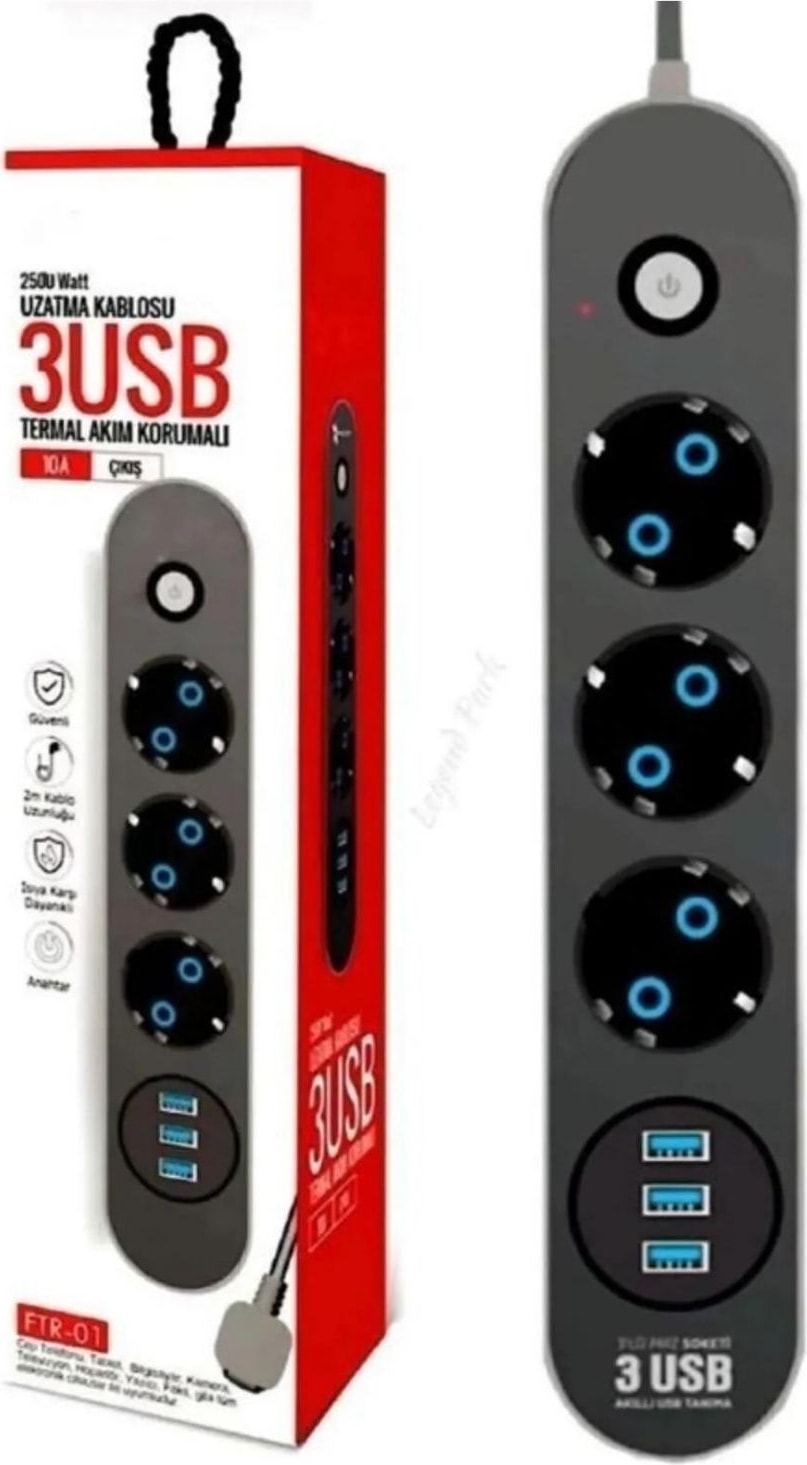 FTR-01 3x USB Çıkışlı 3'lü 2 M Metre Çocuk Akım Korumalı Priz Uzatma Kablosu