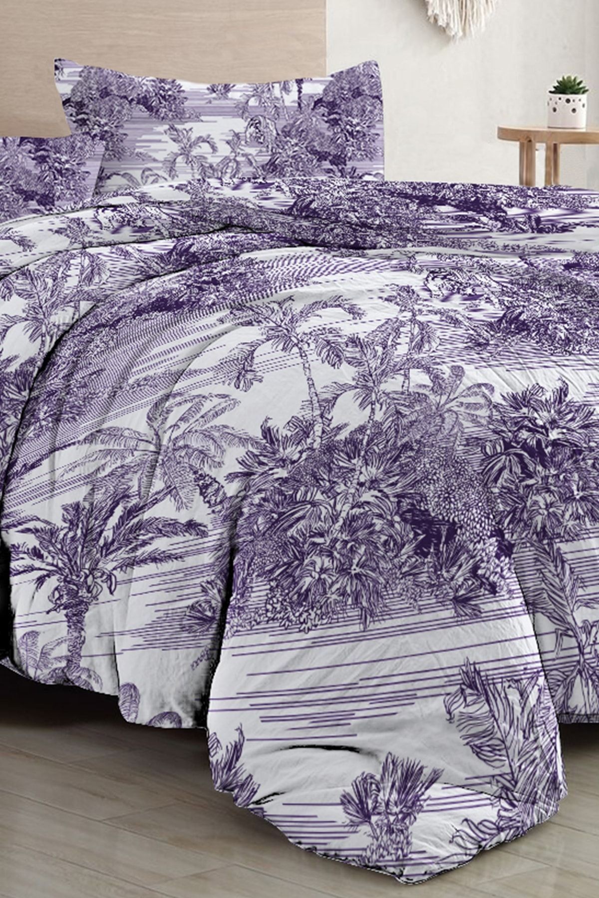 Çift Kişilik Nevresim Takımı Özel Dokuma Pamuk Saten Tuval Koleksiyonu Tropical Island Purple