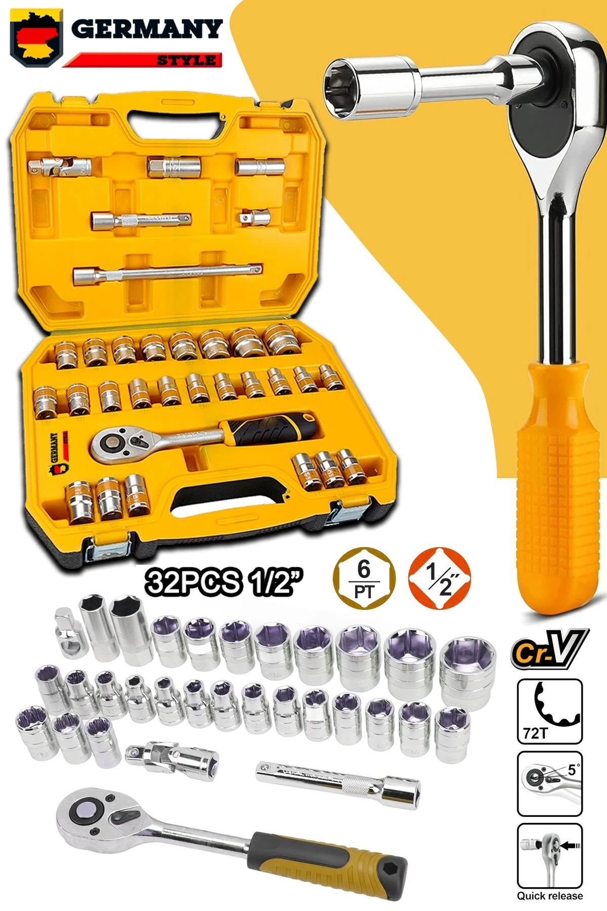 1/2 Lokma Takımı 32 Parça 72 Diş Profesyonel Usta Seti Lokma Seti Chrom Vanadium Çeliğ