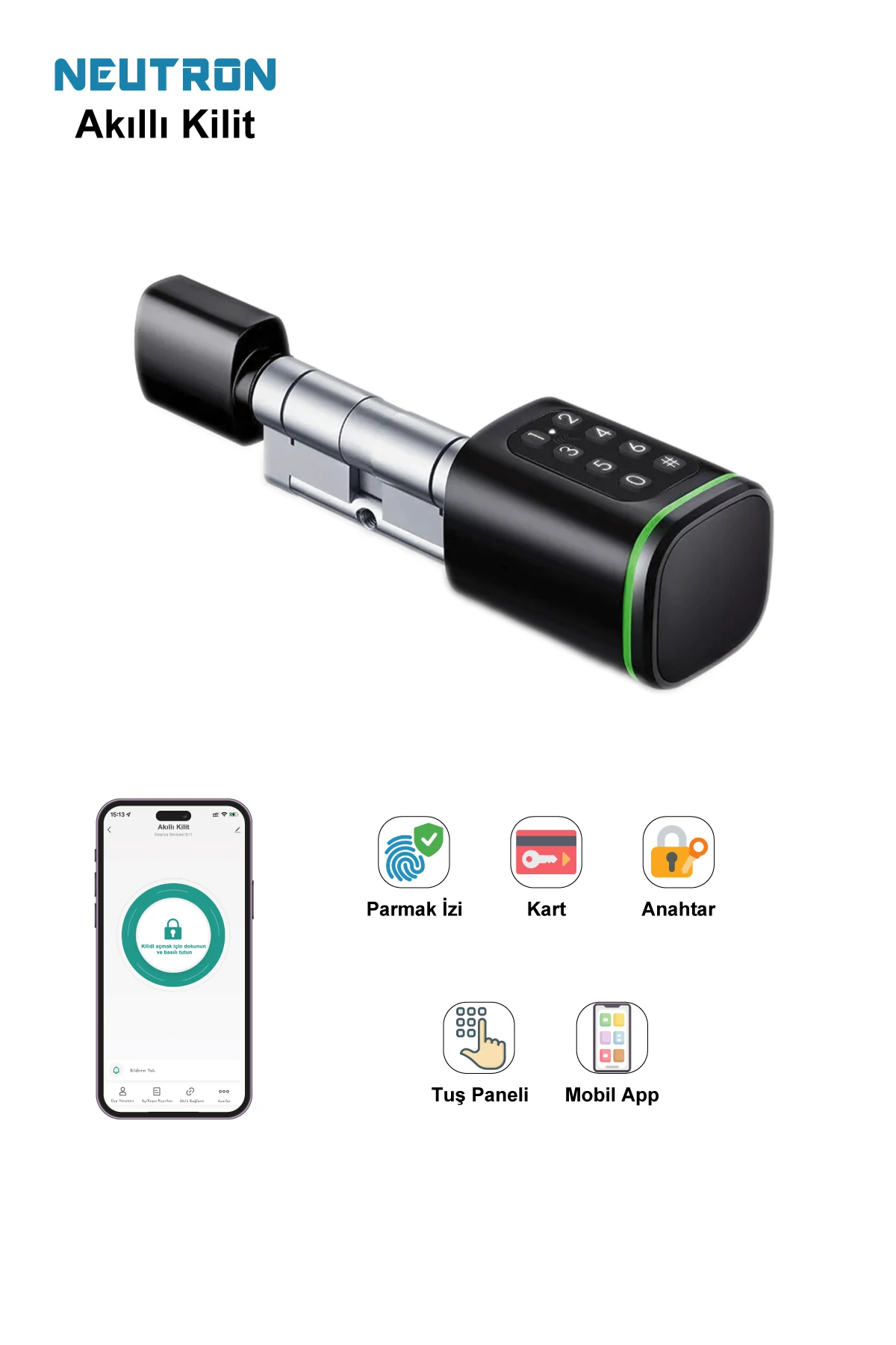 NTL-SC-02FKPB Parmak izi, Anahtarlı, Tuşlu, Kartlı ve Uzaktan Kontrollü Akıllı Kapı Kilidi Siyah