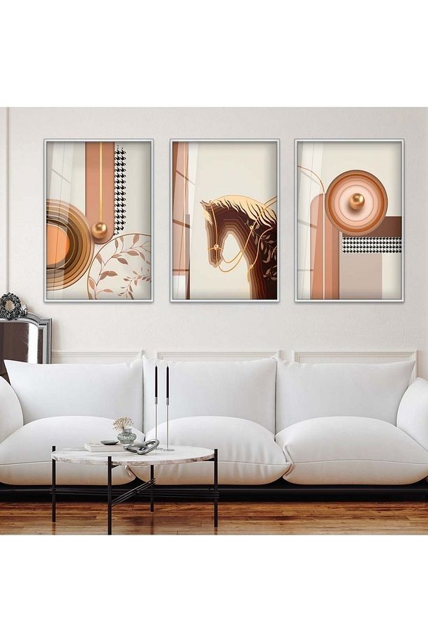 Gümüş Metal Çerçeveli Minimalist Soyut Desen Üçlü Kırılmaz Cam Tablo Seti