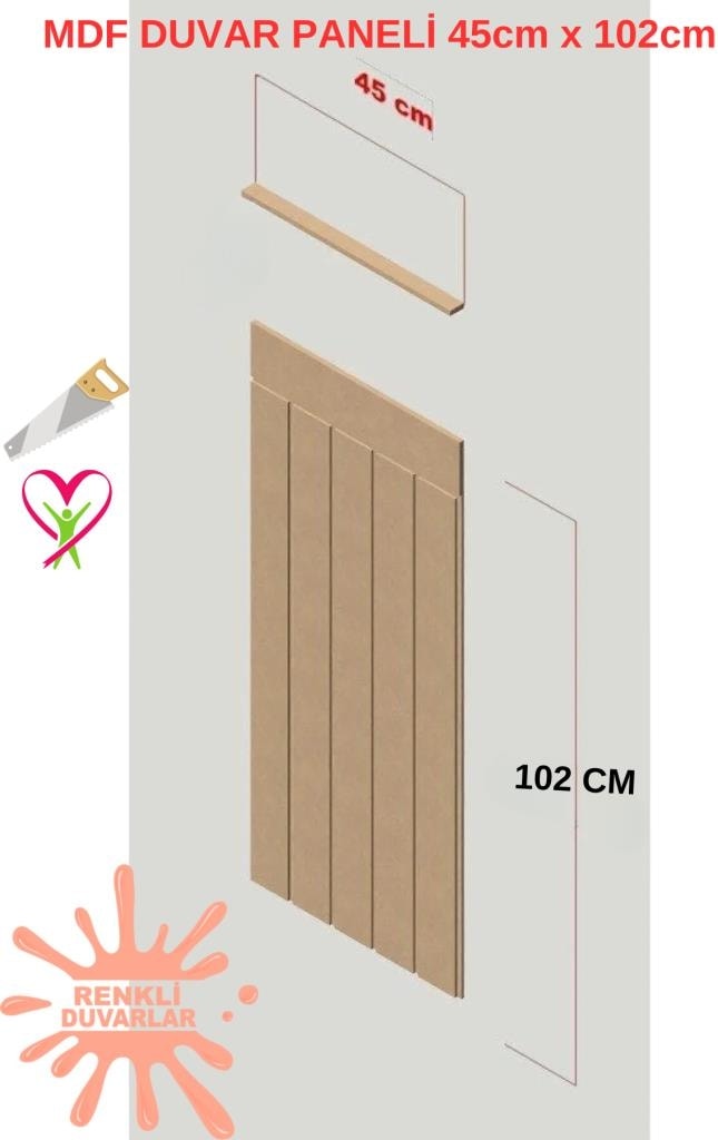 45X102 (1 Adet) Dekoratif, Duvar Çıtası Ham Ahşap Duvar Paneli, Boyanabilir, Ham, Mdf Panel