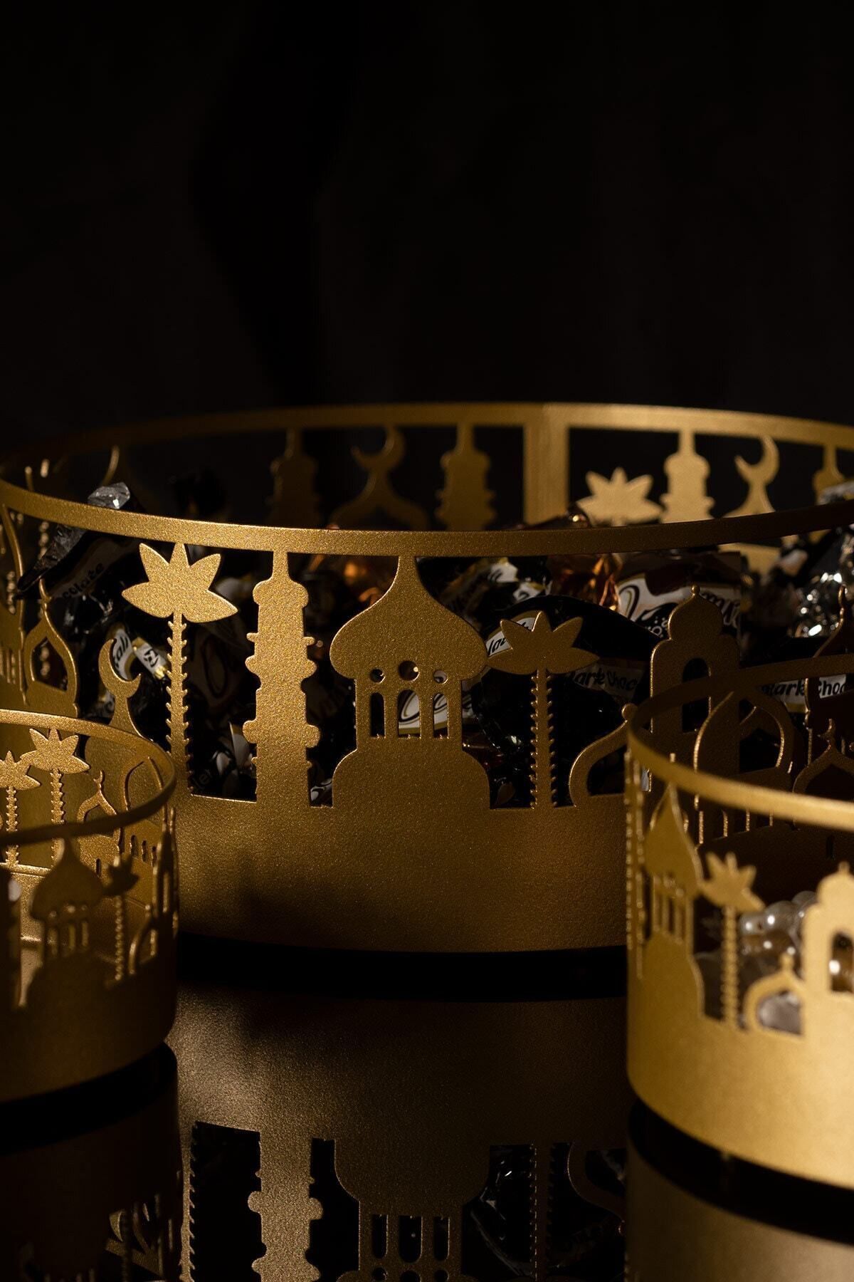 Cami Desenli 3'lü Metal Dekoratif Kase Seti - Islami Dekor - Ramazan Dini Ev Dekorasyonu Wamh127