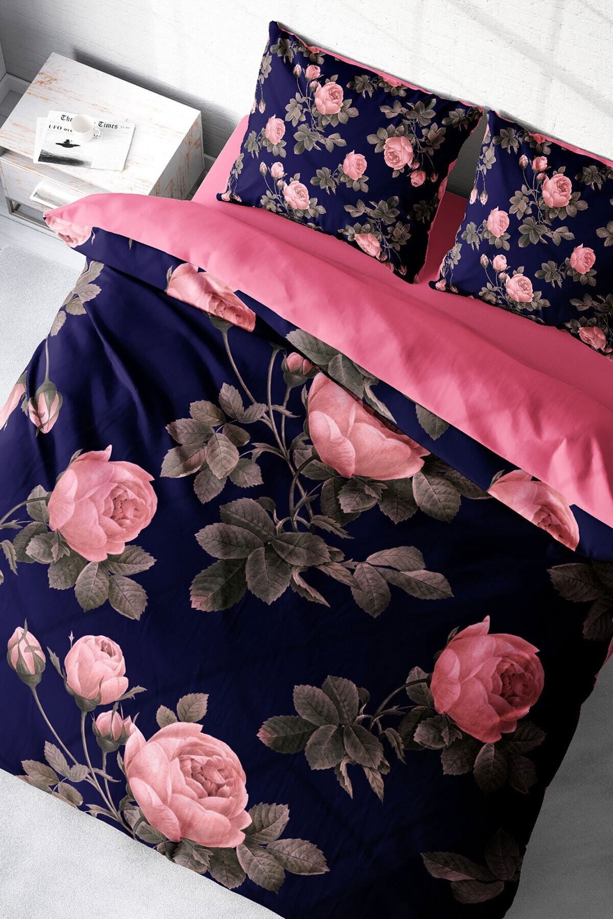 Kıng Sıze Pembe Noble Roses Naturel Çift Kişilik Nevresim Takımı 220x240cm