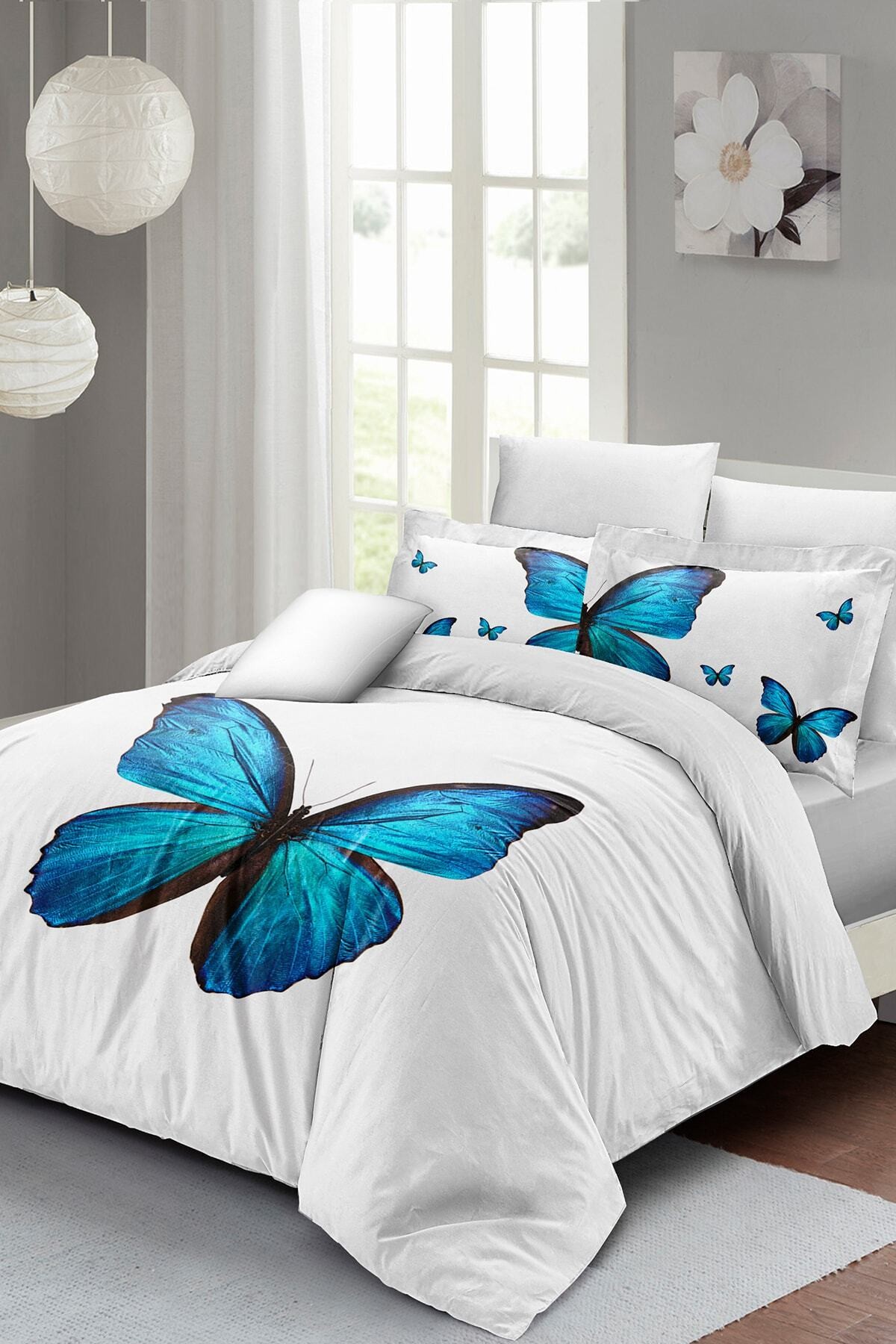 Kıng Sıze Blue Butterfly Çift Kişilik Nevresim Takımı 3d Pamuk Saten 220x240cm