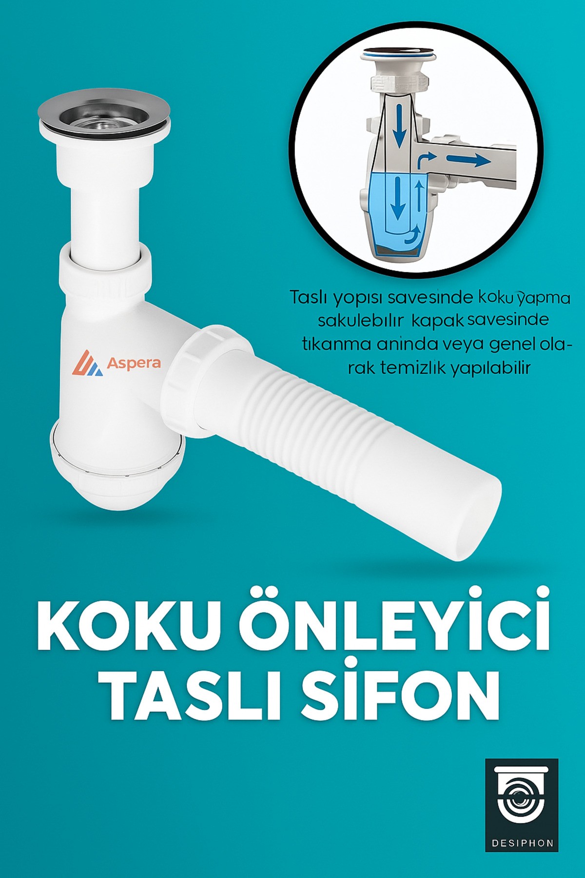 Koku Önleyici Taslı Lavabo Sifonu - Temizlenebilir Hazne, Körüklü Boru, Paslanmaz Giriş