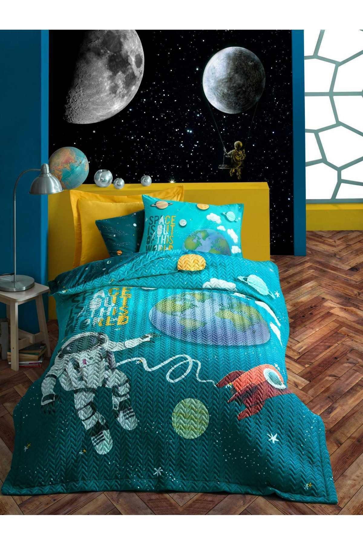 Junior Tek Kişilik Complete Set Nevresim Little Astronaut Turkuaz