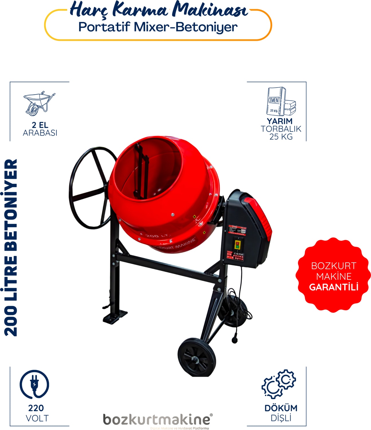 200 Litre Harç Karma Makinası (Betoniyer)
