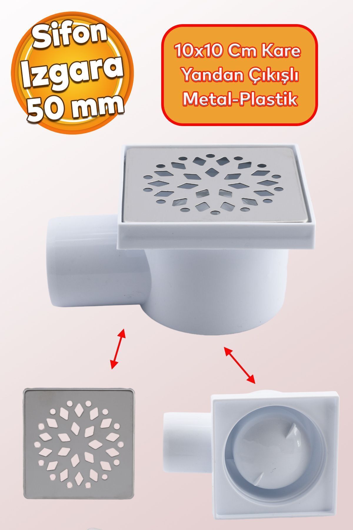 Metal Plastik Yer Süzgeci Banyo Izgara Lavabo Pis Su Gideri Kapak Yandan Çıkışlı Yer Sifon 50 mm