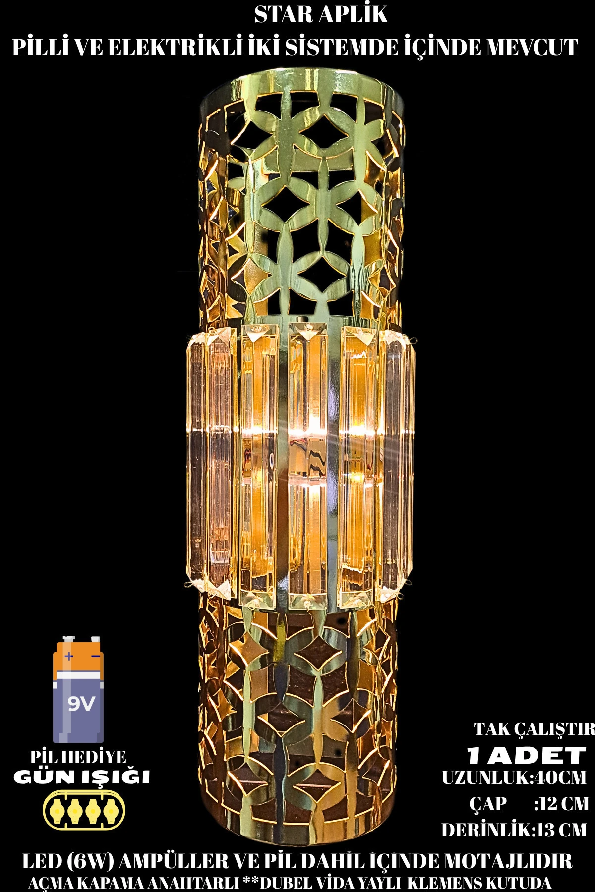 Star Aplik Gold, Pilli Aplik, Anahtarlı, Pilli Elektrikli Ledli Duvar Aplik, KRİSTAL TAŞLIDIR