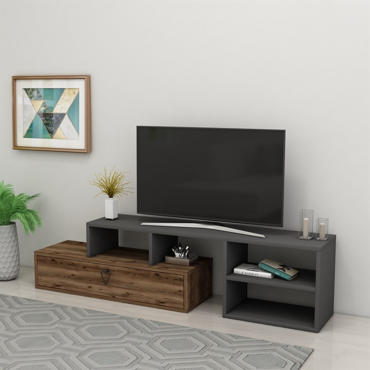 Duru Raflı Kapaklı Modern Tv Sehpası, Ceviz Antrasit - Duru
