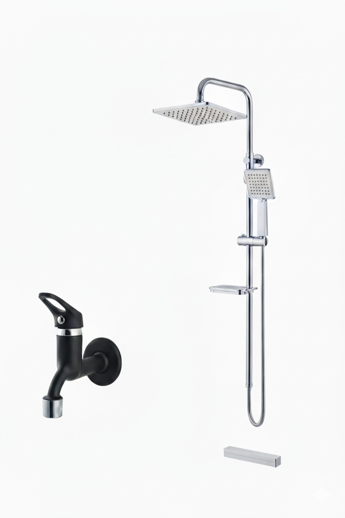 Kare Krom Yağmurlama Tepe Duş ve Siyah Mix Musluk