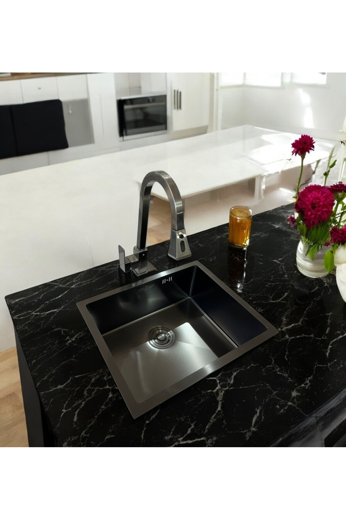 40×45 Nano Black Petek Desenli Eviye Paslanmaz Çelik Mutfak Evyesi, Mutfak Lavabosu(SİFON DAHİL)
