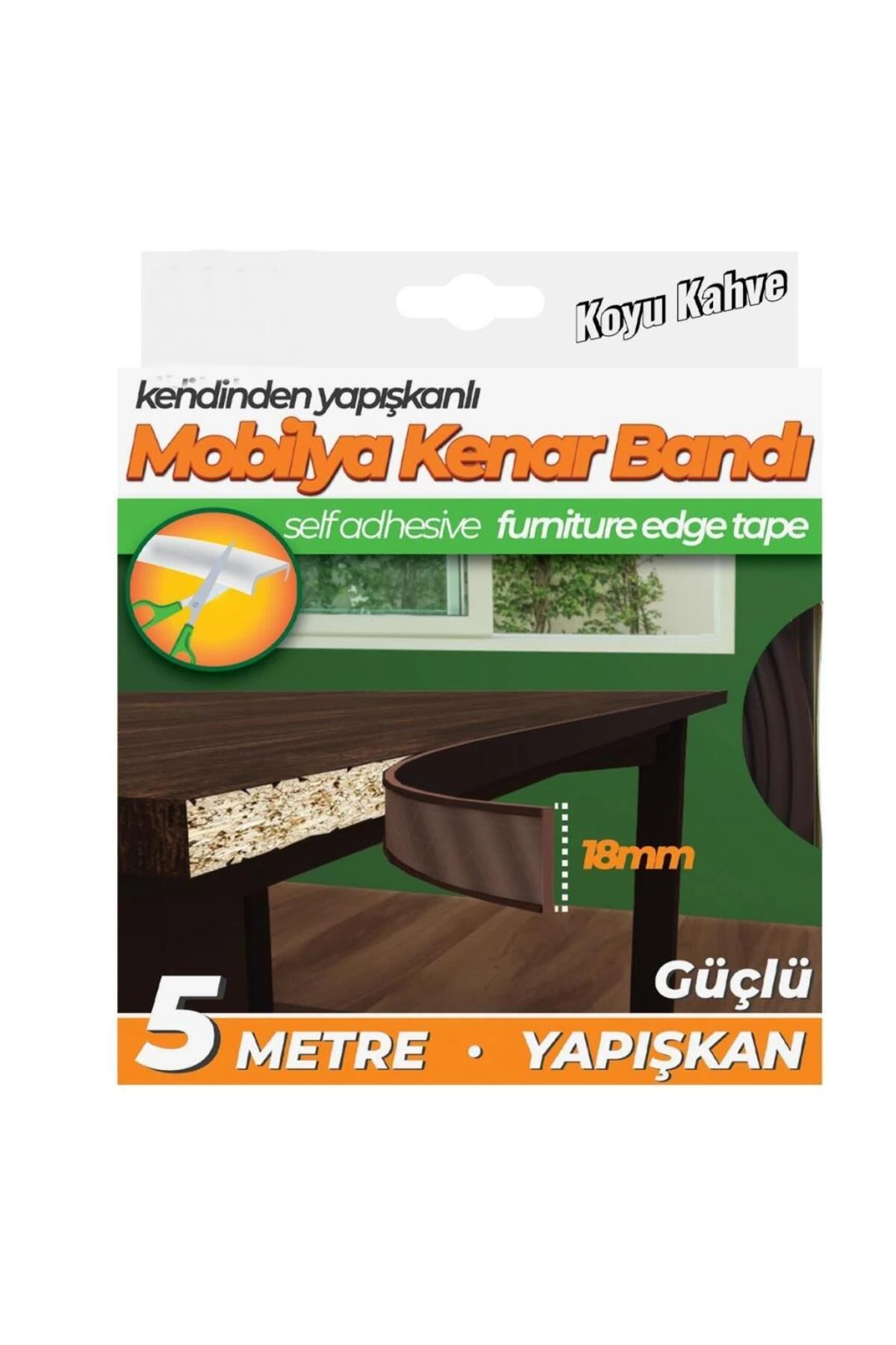 Kendinden Yapışkanlı Masa,Raf,Dolap,Tezgah,Mobilya Kenar Bandı 18mmX5 Metre-Koyu Kahve