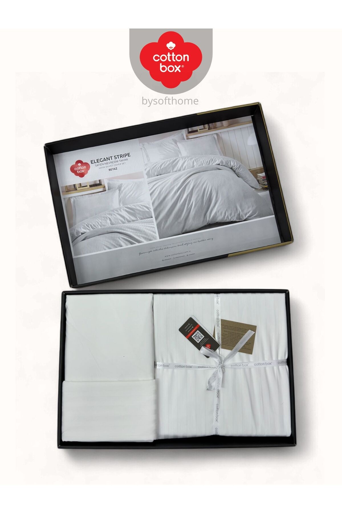 Elegant Stripe Beyaz Çift Kişilik Pamuk Saten Nevresim Takımı