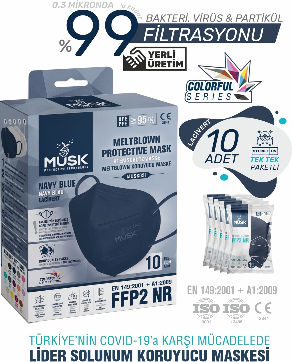FFP2/N95 Maske Lacivert Renk 10 Adet