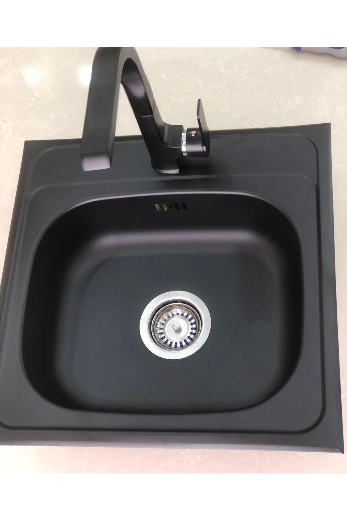 Siyah Grenli Granit Desen Kaplamalı Üstten Takmalı Kare 50 X 50 Cm Ölçülerinde Paslanmaz Evye