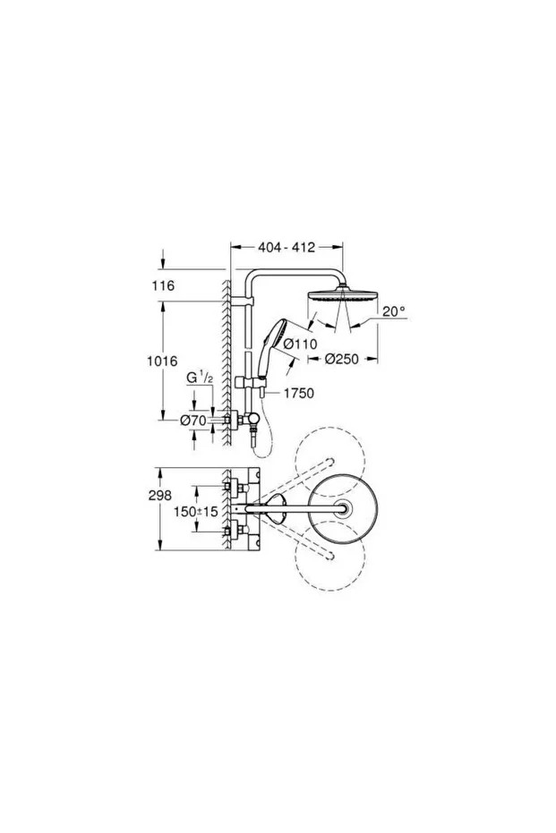 Tempesta System 250 Duvara Monte Termostatik Bataryalı Duş Sistemi - 26670001