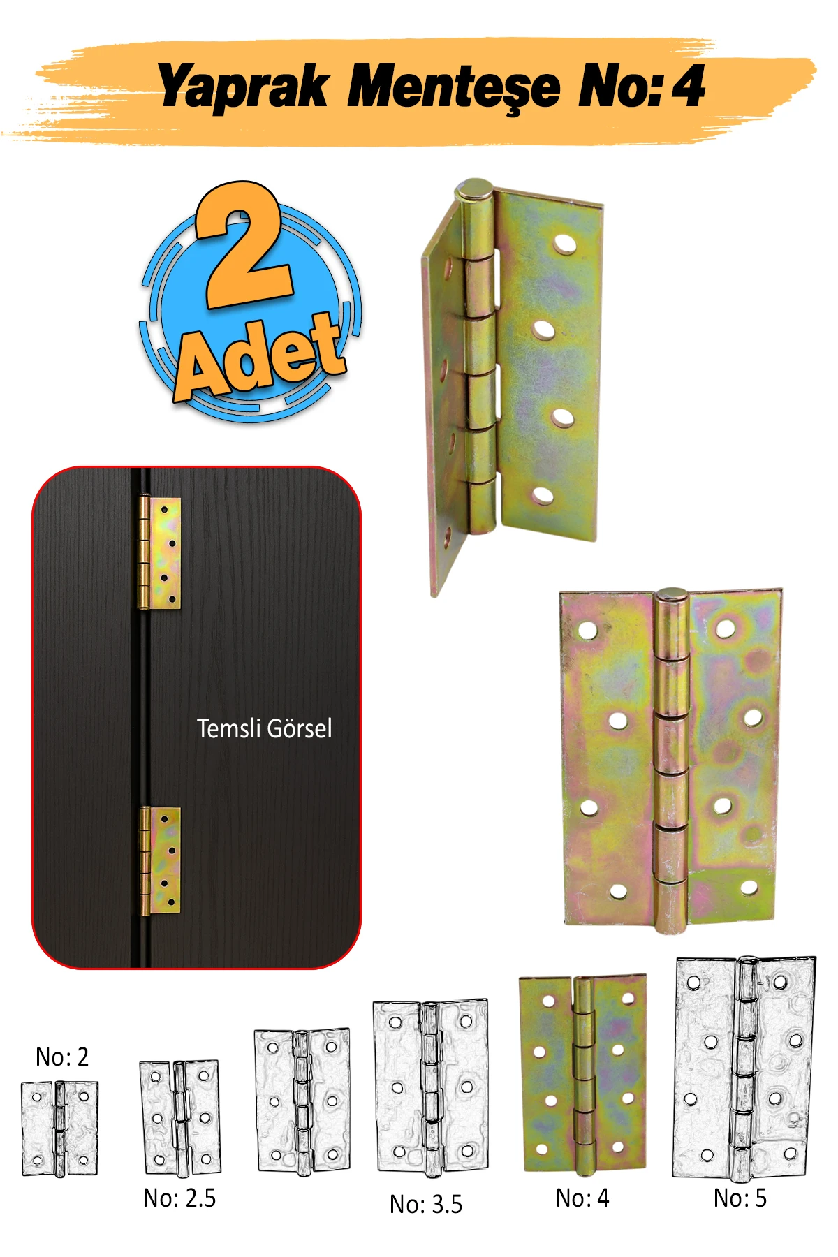 Metal Yaprak Menteşe (2 Adet) Prinç Sarı No:4 Mobilya Pencere Kapı Dolap PVC Menteşesi İki Kanatlı