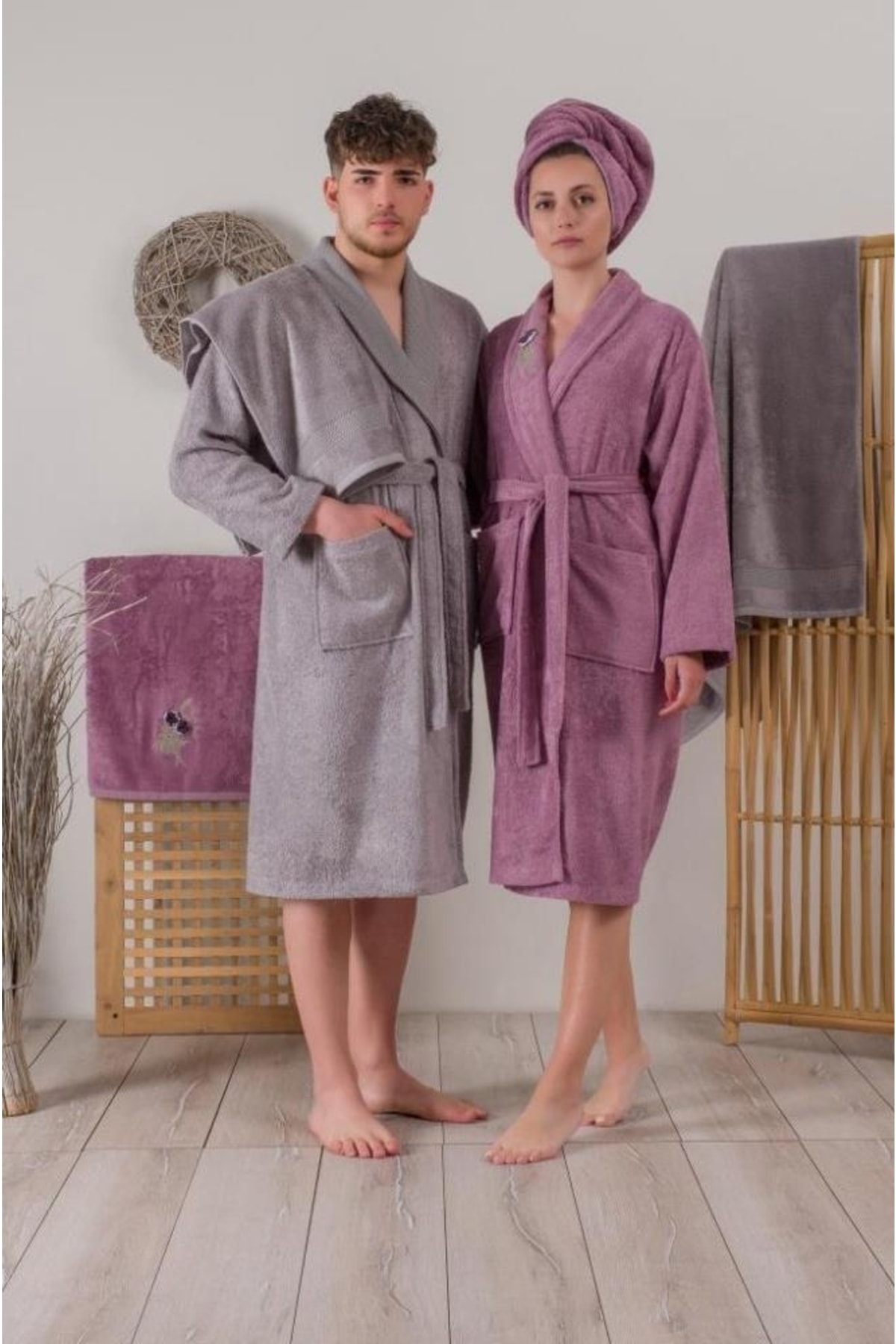 Bambu 3d Nakışlı Aile Bornoz Seti Violet Mürdüm-gri