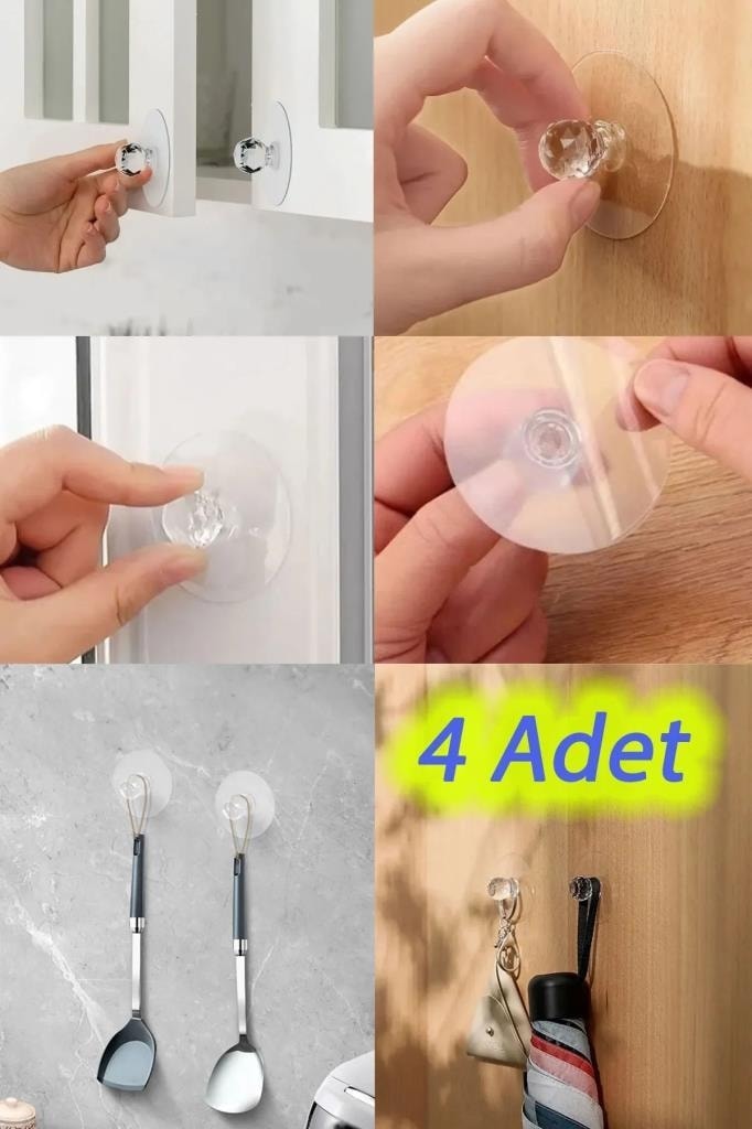 4 Adet Kristal Topuzlu Yapışkanlı Dolap Çekmece Kapak Tutma Kulpu Takı, Havlu Asmak İçin Kulp