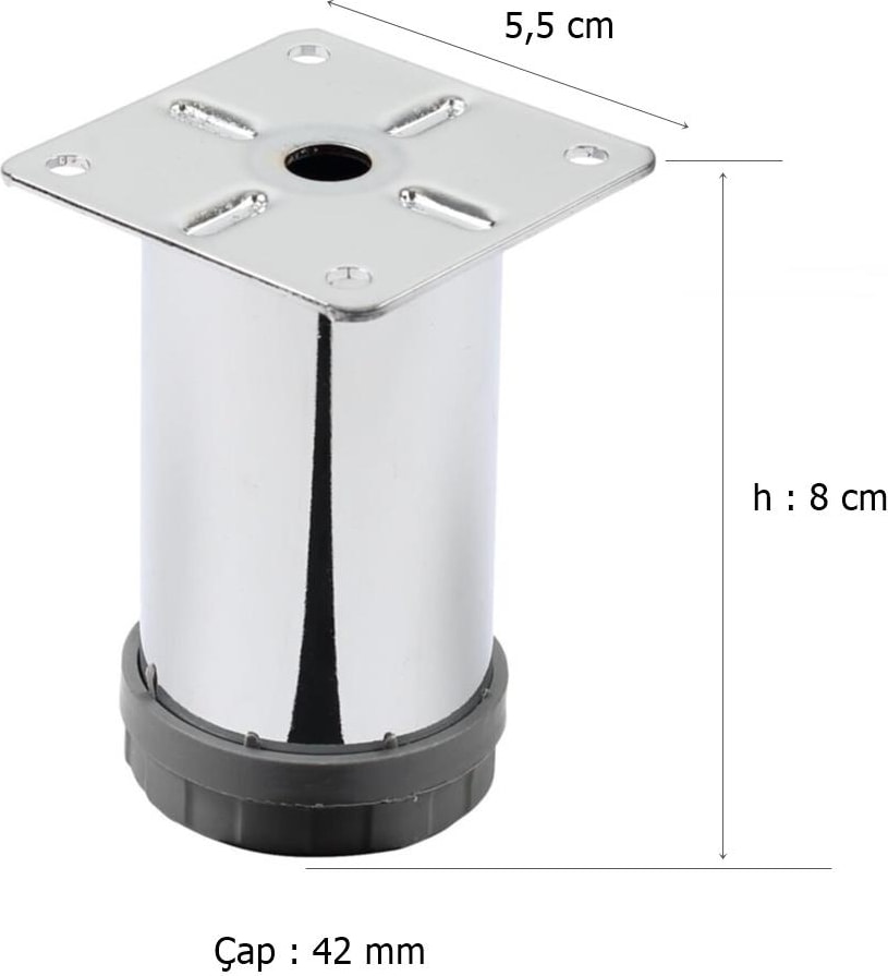 4 Adet Mobilya Ayağı Metal 8 cm Alttan Ayarlı 42 mm Krom Ayak