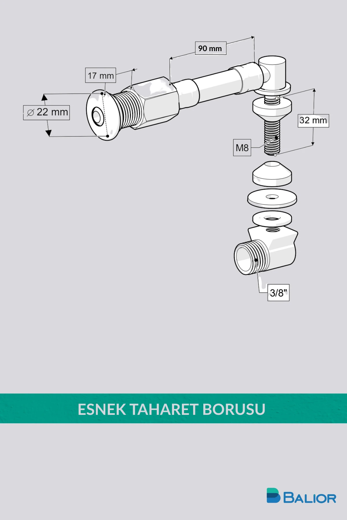 Asma Klozet Esnek Taharet Borusu L Tipi Ø22 – 90 mm Dirsekli Bağlantı