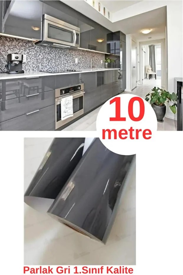 61cm x 10 Metre 1 Adet Kendinden Yapışkanlı Folyo Parlak Gri Mutfak Duvar Kaplama Folyosu Kağıdı