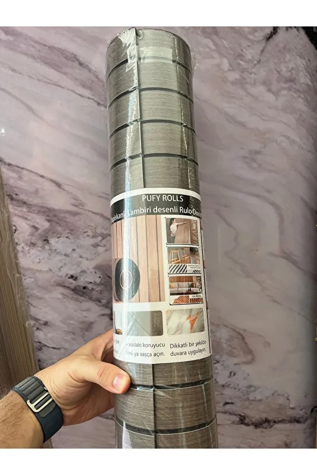 60cmx250cm 1 Adet Gri 3D Yapışkanlı SXP Akustik Lambiri Desenli Duvar Paneli Kağıdı 3107-2