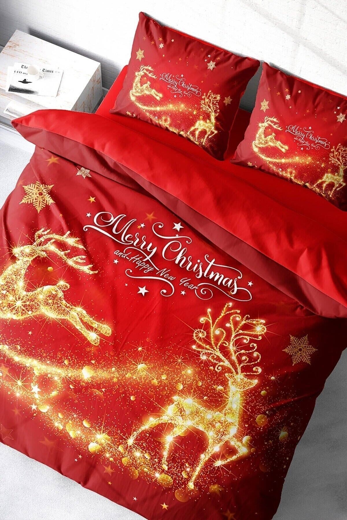 Yılbaşı Nevresim Takımı (Lastikli Çarşaflı) Çift Kişilik %100 Pamuk Saten Deers Noel