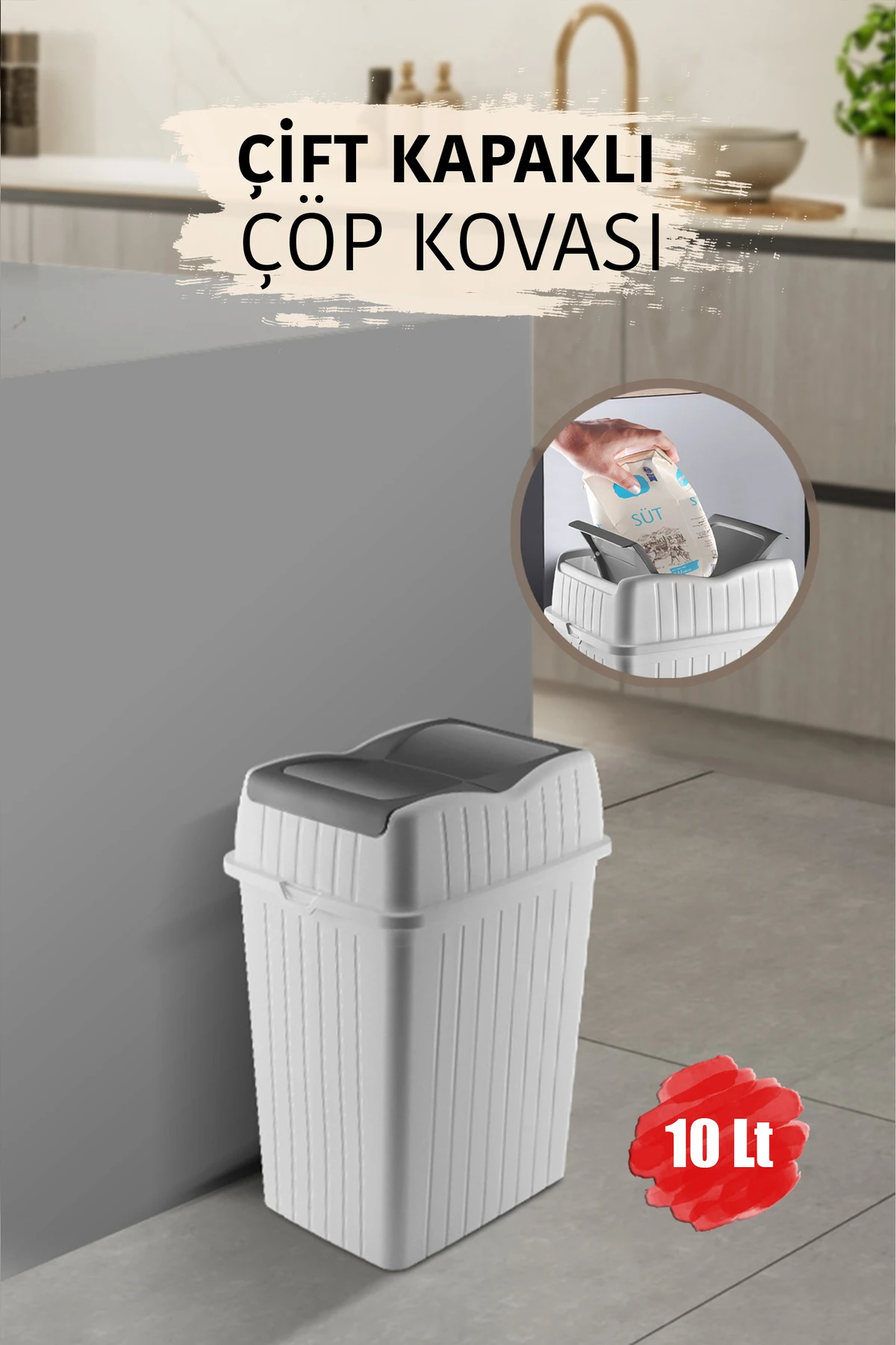 10 L - Çift Kapaklı Slim Çöp Kovası - Dekoratif Ev Ofis Banyo Mutfak Düzenleyici Çöp Kutusu Beyaz