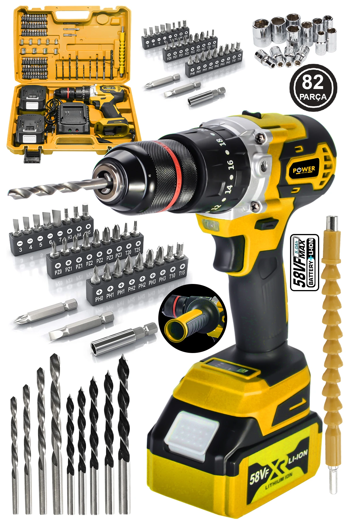 58 Vf 5ah Metal Şanzuman Kalın Batarya Çift Akülü Şarjlı Darbeli Matkap 82 Parça Akülü Vidalama