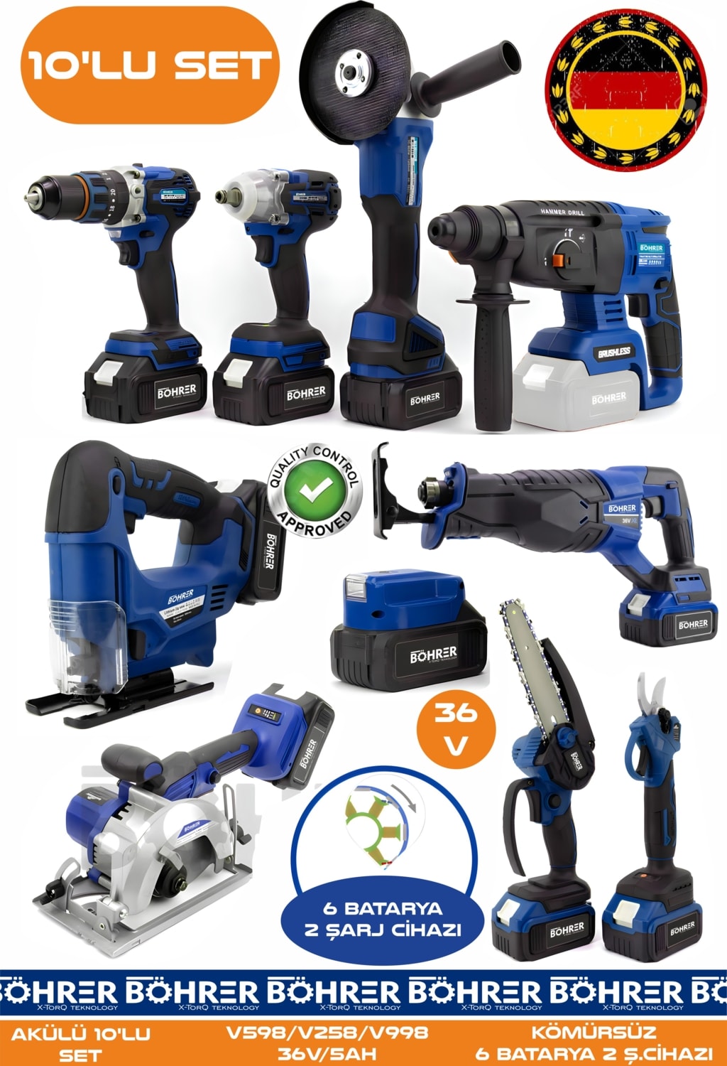 Alman 10 Makine Kombo Set BA01082M 6 Akülü 2 Şarjlı Kömürsüz V598 5AH Profesyonel - Blue Mavi