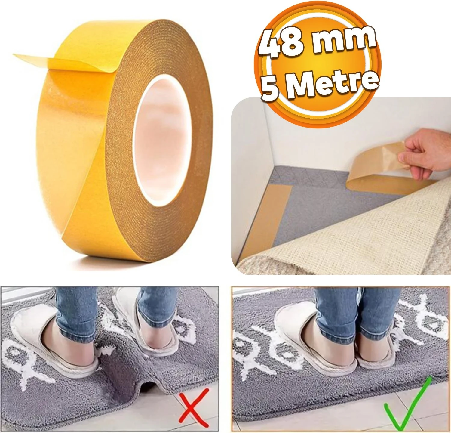 Kilim Paspas Halı Bant 48 mm x 5 mt Kaymaz Çift Taraflı Yapışkan Toplanma Önleyici Sabitleme Bandı