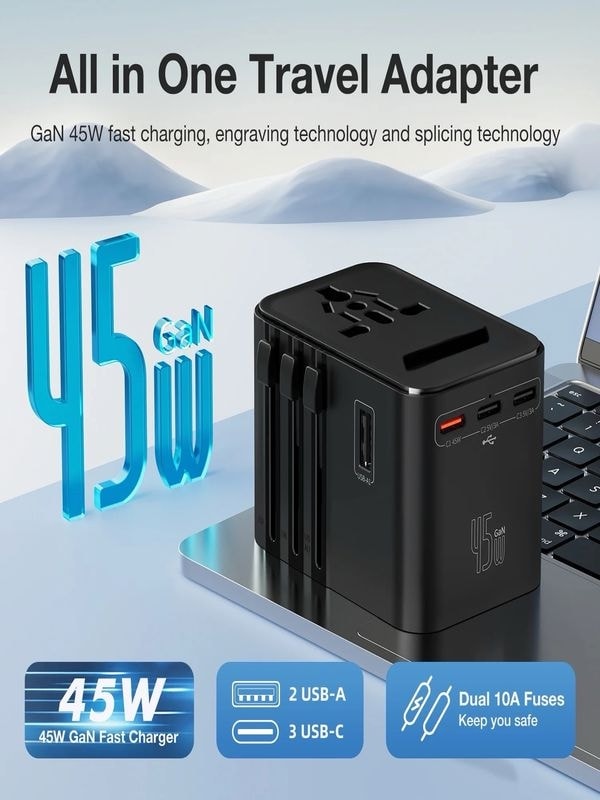 Fc-22 200+ÜLKE 45W Global Seyahat Şarj Aleti - 2 Usb-A, 3 Type-C, 1 Ac Priz Adaptörü Çoğaltıcı